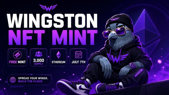 A vibrant purple-hued promotional graphic for the "WINGSTON NFT MINT" featuring a stylized eagle mascot wearing sunglasses and a hoodie, highlighting key details: free mint, 3,000 supply, on Ethereum, launching July 7th, with the tagline "Spread Your Wings. Build The Flock." The image reinforces the post's announcement of Wingston's July 7th launch as a potential turning point in NFT culture, emphasizing the project's community-building ethos ("build the flock") over the short-lived hype cycle that the caption critiques.