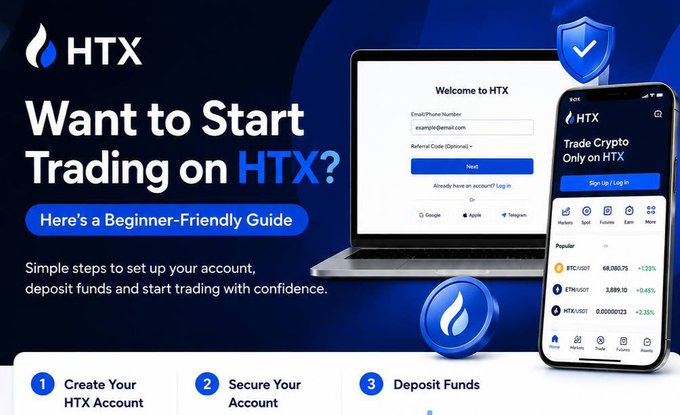 A promotional graphic for HTX featuring the headline "Want to Start Trading on HTX?" with a "Beginner-Friendly Guide" button, showing screenshots of the account signup and mobile trading app displaying tickers like BTC/USDT, ETH/USDT, and HTX/USDT. The image visually complements the post by illustrating the three-step onboarding process—creating an account, securing it, and depositing funds—outlined for new crypto traders.