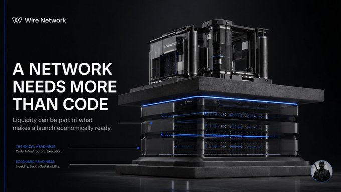 A dark promotional graphic for Wire Network with the headline 'A NETWORK NEEDS MORE THAN CODE', showing a stack of server hardware units with blue indicator lights.