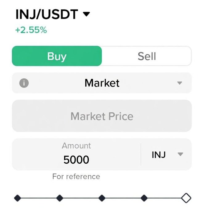 A cryptocurrency trading interface showing INJ/USDT up +2.55%, with a buy order of 5000 INJ at market price.