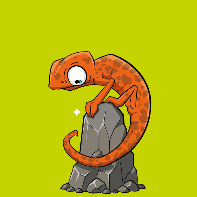 Cartoon illustration of an orange/red gecko-like creature with large white eyes climbing on a gray rock against a bright yellow-green background.