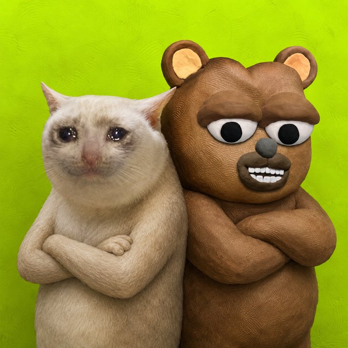 A sad-looking white cat with crossed arms stands next to a brown teddy bear character (resembling "Ted") with crossed arms against a bright green background, their skeptical, deadpan expressions humorously conveying doubt about the overly-optimistic crypto claim that getting rich is "that easy."