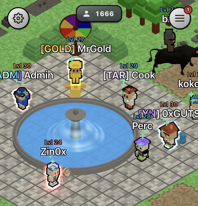 A group of pixelated avatars gather around a fountain in a blocky game world, with usernames like "[GOLD] MrGold," "[TAR] Cook," "[YN] 0xGUTS," and "Zin0x" displayed alongside level indicators, while a player count of 1666 appears at the top, reflecting the social, community-driven experience referenced in the post about $KINS.
