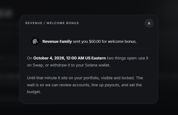 A digital notification reads 'REVENUE / WELCOME BONUS' stating that 'Revenue Family sent you $60.00 for welcome bonus,' with instructions mentioning October 4, 2026.