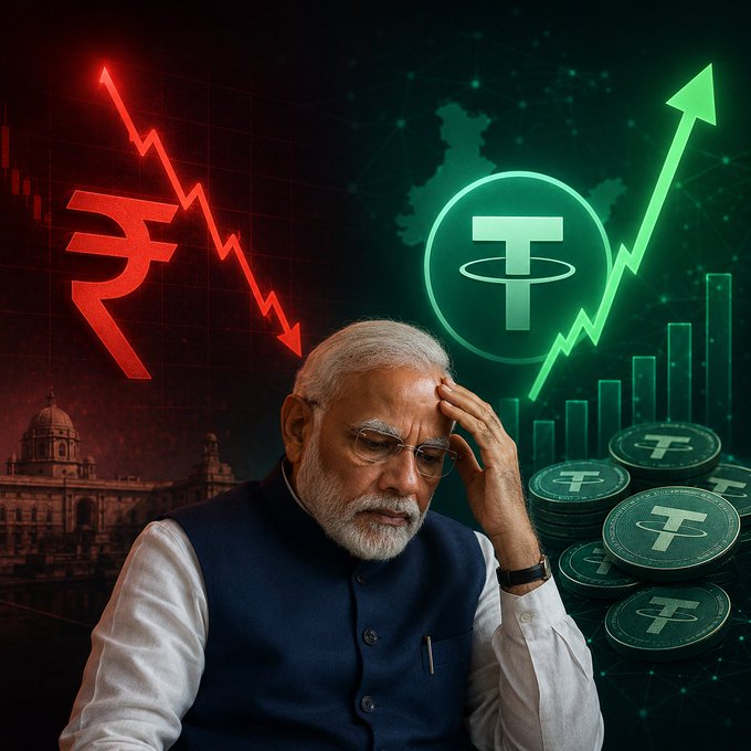 The image shows Indian Prime Minister Narendra Modi with a concerned expression, hand on his forehead, set against a backdrop featuring a declining red rupee (₹) arrow on the left and a rising green Tether (USDT) symbol with an upward arrow and stacked USDT coins on the right, visually representing the unusual 8.5% premium of USDT over the rupee in India amid disrupted crypto remittance channels.