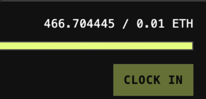 A digital interface displays "466.704445 / 0.01 ETH" above a yellow progress bar and a green "CLOCK IN" button, illustrating the $466+ ETH in fees generated from the $WALL launch on the Stonk Broker platform that will be distributed to activated brokers. The "CLOCK IN" button represents the invitation for brokers to get to work and claim their share of the fed fees.