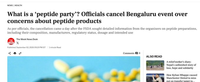 A screenshot of a September 2, 2025 The Week news article headlined "What is a 'peptide party'? Officials cancel Bengaluru event over concerns about peptide products," reporting that the FSDA raised questions about the peptide preparations' composition, manufacturers, regulatory status, dosage, and intended use — illustrating the regulatory uncertainty and mainstream skepticism the post compares to the crypto industry.