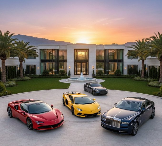 A luxurious modern mansion at sunset features a circular driveway with a fountain, palm trees, and three luxury cars—a red Ferrari, a yellow Lamborghini, and a dark Rolls-Royce—parked in front.