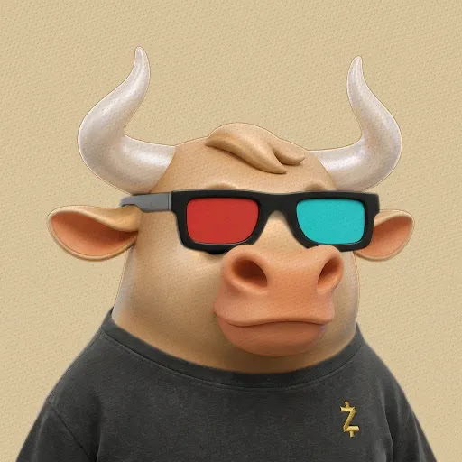 A 3D-rendered cartoon bull wearing red-and-cyan 3D glasses and a black shirt with a gold "Z" logo appears against a beige background. The playful character with horns serves as the giveaway mascot for an NFT contest, where participants can win this "bullpen #12" by following and replying with their next listing suggestion.