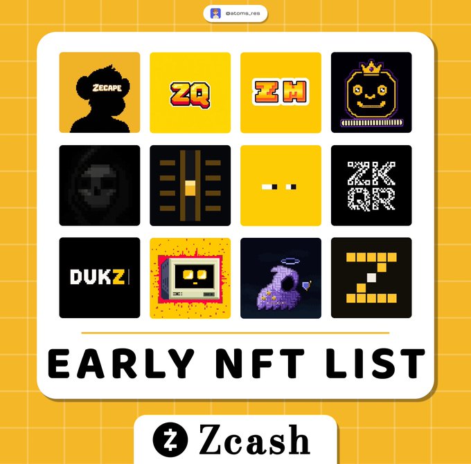 A promotional graphic titled "EARLY NFT LIST" features a 4x3 grid showcasing twelve different NFT projects on a yellow grid background, including Zecape, ZQ, ZH, a crowned character, a masked figure, a building, and DUKZ, among others, with the Zcash logo displayed at the bottom. The image complements the post by visually previewing the twelve upcoming Zcash NFT mints that the instructions guide users on how to bridge funds for participation.