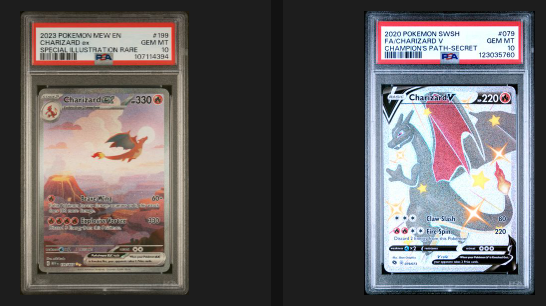 Two PSA-graded Pokémon cards displayed side by side: a 2023 Pokémon New En Charizard ex Special Illustration Rare (graded GEM MT 10) and a 2020 Pokémon SWSH Charizard V Champions Path Secret (graded GEM MT 10).