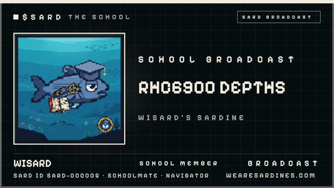 A pixel-art style promotional graphic for 'SCHOOL BROADCAST' features a fish wearing a graduation cap, with the title 'RH06900 DEPTHS' and the artist 'WISARD'.