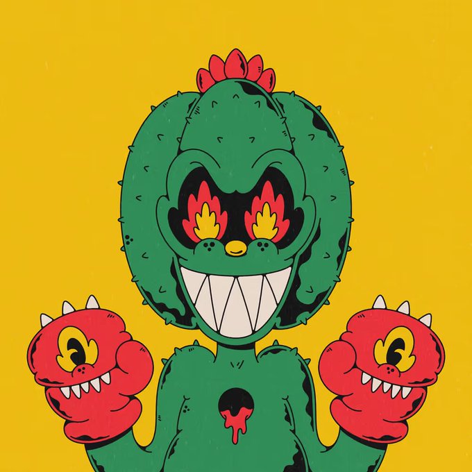 A cartoon illustration of a green cactus character with a wide, toothy grin, red hair, and flame-like eyes, holding two smaller, red cactus heads against a yellow background.