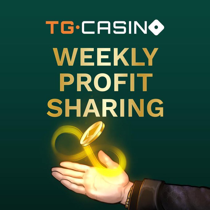 A promotional graphic with a green background displaying 'TG·CASINO WEEKLY PROFIT SHARING' in gold and white text, featuring an illustrated hand holding glowing gold coins.