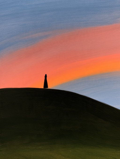 A serene landscape painting of a lone dark silhouette standing on a hilltop against a dramatic sky painted with sweeping brushstrokes of pink, orange, and blue sunset hues.