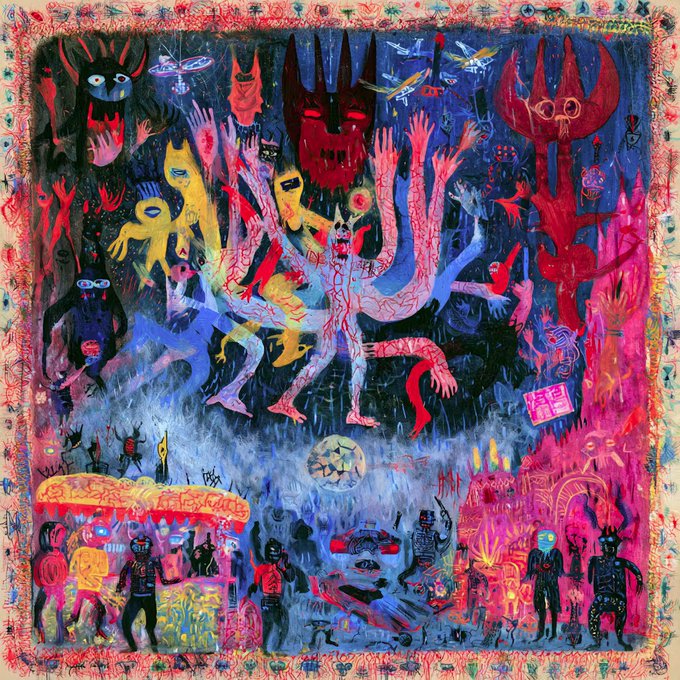 A vibrant, surreal painting filled with demonic figures, flames, shadowy creatures, and chaotic imagery in red, blue, and yellow tones, featuring a central winged figure surrounded by smaller monstrous characters.