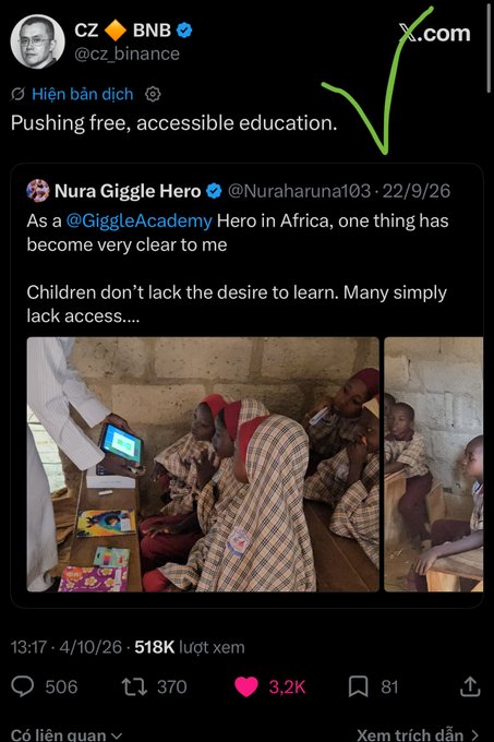 A tweet from CZ @cz_binance quoting 'Pushing free, accessible education' and highlighting a post from @Nuraharuna03 about her experience as a Giggle Academy Hero in Africa, accompanied by an image of children using tablets.