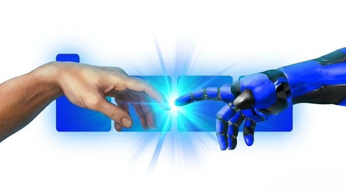 A human hand and a blue robotic hand touch fingers, evoking Michelangelo's "Creation of Adam," with a glowing blue light symbolizing the fusion of humanity and AI. The imagery aligns with the post's hint of an exciting AI development on Base, suggesting a powerful new innovation is emerging at the intersection of technology and blockchain.