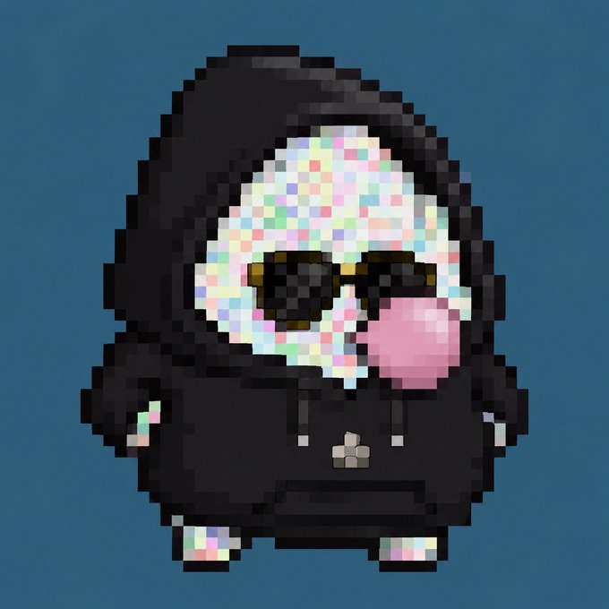 A pixel art image of a chubby, hooded character wearing reflective sunglasses and chewing pink bubblegum on a teal background.