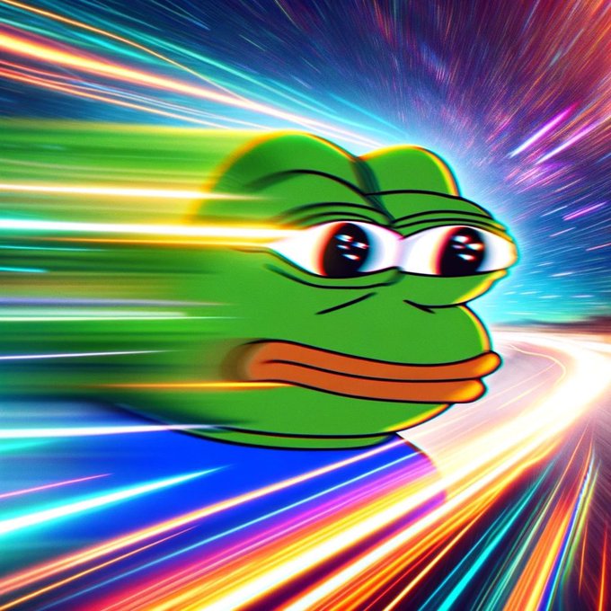 A stylized image of Pepe the Frog with a smug expression, depicted with a colorful motion blur background featuring streaks of neon light, giving the impression of high speed.