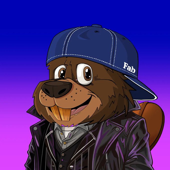 An anthropomorphic beaver character wearing a backwards blue cap labeled "Fab" and a purple leather jacket is displayed against a purple gradient background, representing an NFT artwork. The image visually showcases the upgraded traits mentioned in the post, highlighting the character's enhanced "Fab" hat and stylish attire achieved through the GraveMint.io trait store.