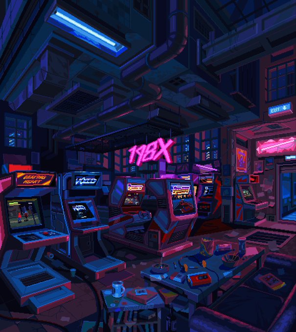 A neon-lit retro pixel art illustration of a 1980s-style arcade interior filled with classic gaming cabinets, a 'MAX' neon sign, exposed ceiling pipes, and scattered fast food and soda cups on a central table.