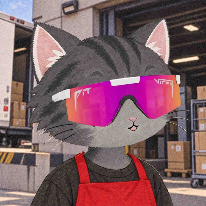 An illustrated grey cat wearing large pink and orange 'VIPER' sunglasses and a red apron, standing in a warehouse setting with boxes.