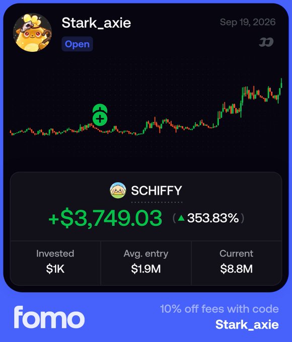 A screenshot of a crypto trading app showing a token named 'SCHIFFY' with a +353.83% gain and a promo code 'Stark_axie' for 10% off fees.