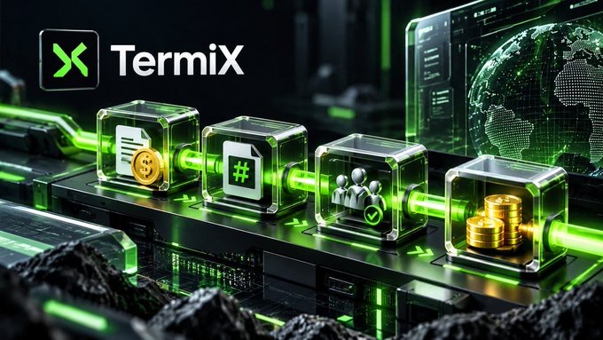 A promotional graphic for 'TermiX' featuring a green and black digital aesthetic with glowing cube elements showing document, hashtag, people, and coin icons connected by light beams.