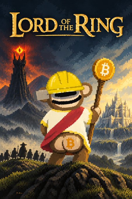 A satirical digital artwork titled 'Lord of the Ring' parodying The Lord of the Rings, featuring a monkey wearing a construction hard hat and a toga with a Bitcoin symbol, holding a Bitcoin staff with Mordor and a castle in the background.