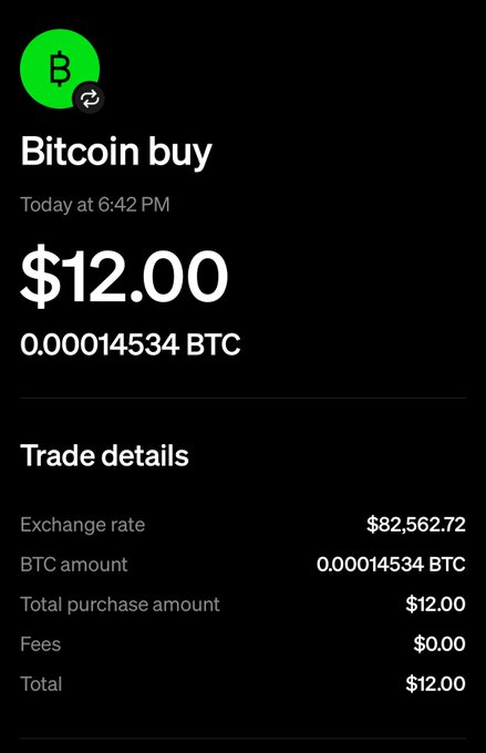 A mobile Bitcoin purchase confirmation screen showing $12.00 for 0.00014534 BTC at an exchange rate of $82,562.72, completed at 6:42 PM.