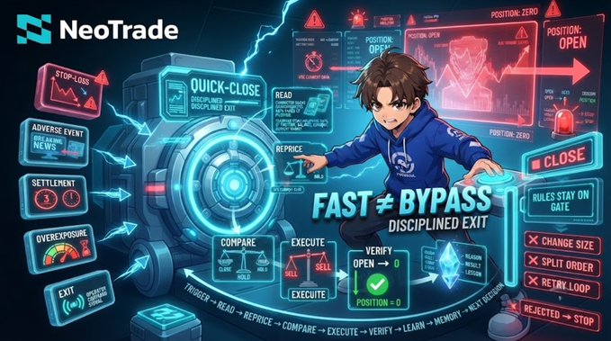 A digital illustration for 'NeoTrade' showing an anime-style character at a holographic trading terminal, featuring a 'QUICK-CLOSE' interface with 'FAST ≠ BYPASS DISCIPLINED EXIT' and the sequence 'TRIGGER → READ → REPRICE → COMPARE → EXECUTE → VERIFY → LEARN → MEMORY → NEXT DECISION'.