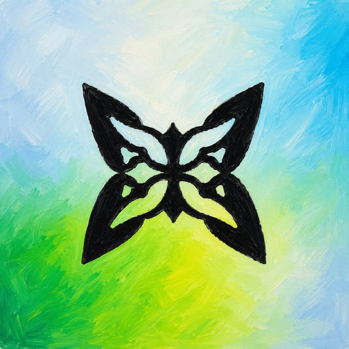 A painted artwork featuring a black butterfly silhouette centered against a vibrant background of blue, green, and yellow brushstrokes.