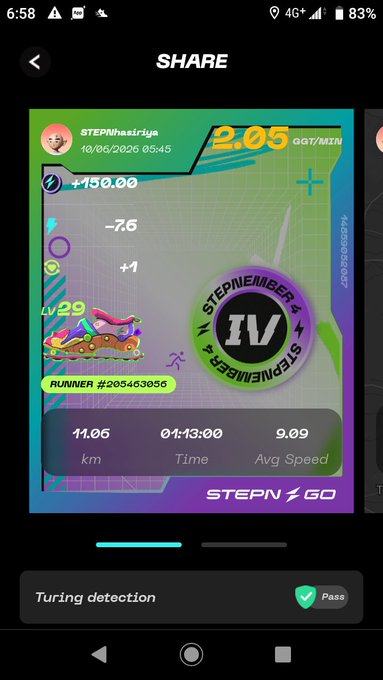 The image shows a phone screen with an app icon, which appears to be a fitness tracking app. The main focus of the app is a running timer that measures distance and speed. There are two people's names displayed at the top of the app, likely indicating the users' profiles or preferences. The app also has a "share" button on its left side, suggesting it can be shared with friends or followers for their fitness tracking progress.