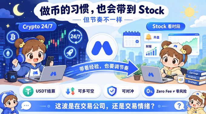 A Chinese-language marketing graphic comparing crypto and stock trading habits, featuring cartoon characters and text including '做币的习惯，也会带到Stock', 'Crypto 24/7', 'Stock 看时段', along with features like USDT结算, 可多可空, 可对冲, and 0% Zero Fee.