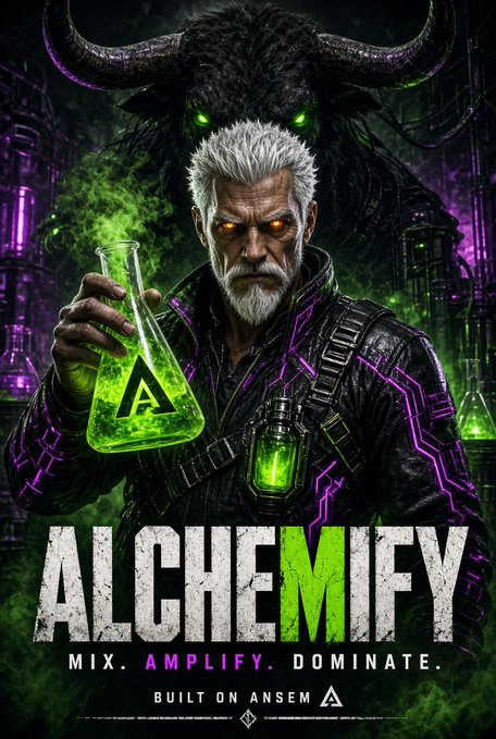 A fantasy promotional poster features a white-haired man with glowing orange eyes holding a flask of green liquid, beneath a shadowy horned beast, with text reading 'ALCHEMIFY - MIX. AMPLIFY. DOMINATE. - BUILT ON ANSEM.'