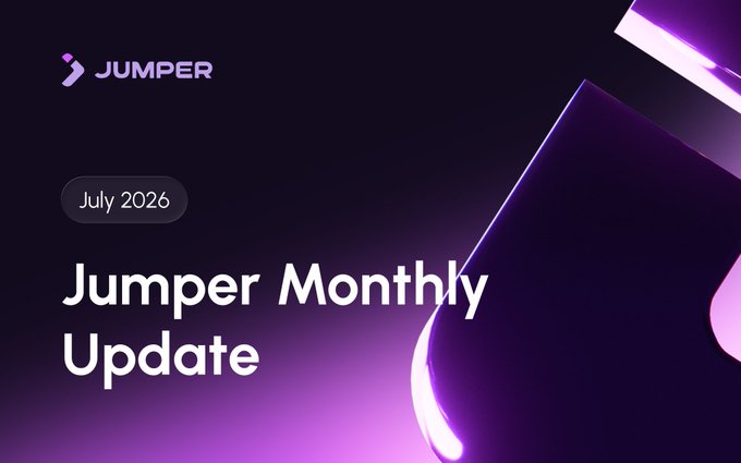 A sleek promotional graphic titled 'JUMPER Monthly Update' with a 'July 2026' badge, set against a dark purple background with abstract geometric shapes.