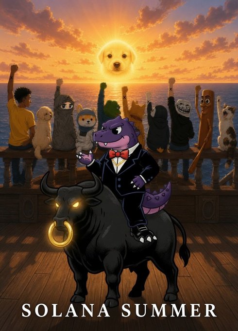 A vibrant digital illustration titled 'SOLANA SUMMER' featuring an anthropomorphic crocodile in a tuxedo riding a black bull with glowing yellow eyes, surrounded by various characters raising their fists at sunset with a dog's face in the sun.