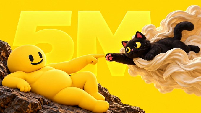 A yellow smiley figure on a rocky surface points toward a black cat leaping from a cream-colored cloud, with large "5M" text in the background. The playful, surreal imagery likely symbolizes the "$GO" token's milestone and bold ambition to expand beyond its current limitations, teasing the upcoming ability to pair against thousands of tokens.