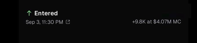 The image shows a trading alert indicating an "Entered" position for a stock on September 3rd at 11:30 PM, noting a +9.8K gain at a $4.07M market cap. This aligns with the post's claim of calling $AMC at a $4M market cap before it significantly ran up to $140M, visually confirming the initial entry point of the trade.