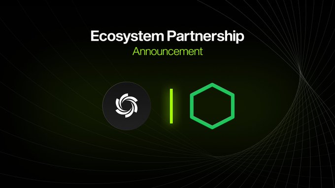 The image displays an "Ecosystem Partnership Announcement" featuring the logos of two partnered platforms—Ozak AI (represented by a swirling circular icon) and Orion Agents (represented by a green hexagon)—set against a dark background, visually highlighting the collaboration described in the post between Ozak AI and Orion Agents in the DeFi AI space.
