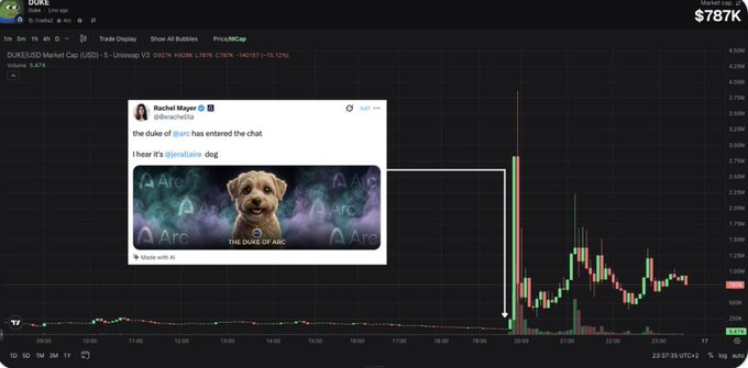 A TradingView candlestick chart for DUKE/USD Market Cap showing a sharp price spike, overlaid with a tweet by Rachel Meyer featuring a meme of a dog labeled "THE DUKE OF ARC."