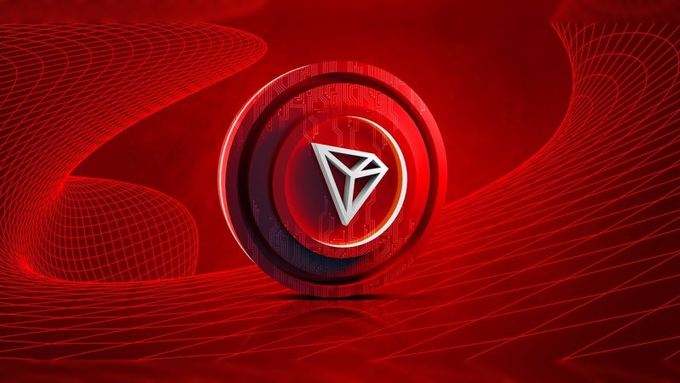 A glowing TRON (TRX) coin emblem floats against a red backdrop featuring sweeping wireframe curves, visually representing TRON's massive scale and momentum in the crypto space—aligning with the post's mention of TRON approaching 100 million weekly transactions and processing billions in stablecoin transfers.