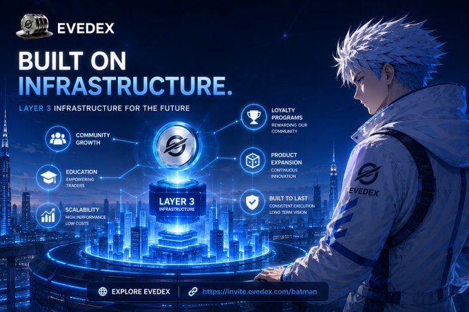 The image features a man standing next to a blue city skyline, with the text "Built On Infrastructure" displayed above him. This suggests that the image might be related to an advertisement or promotional material for EVEDEX, which emphasizes the importance of infrastructure in supporting long-term growth and development. The focus on Layer 3 technology could indicate that the company is involved in projects that require a strong foundation in terms of data management, connectivity, and security.
