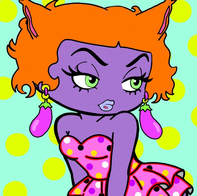 A cartoon illustration of a purple-skinned female character with curly orange hair, green eyes, pink eggplant earrings, and a pink polka-dot outfit, set against a teal background with yellow polka dots.