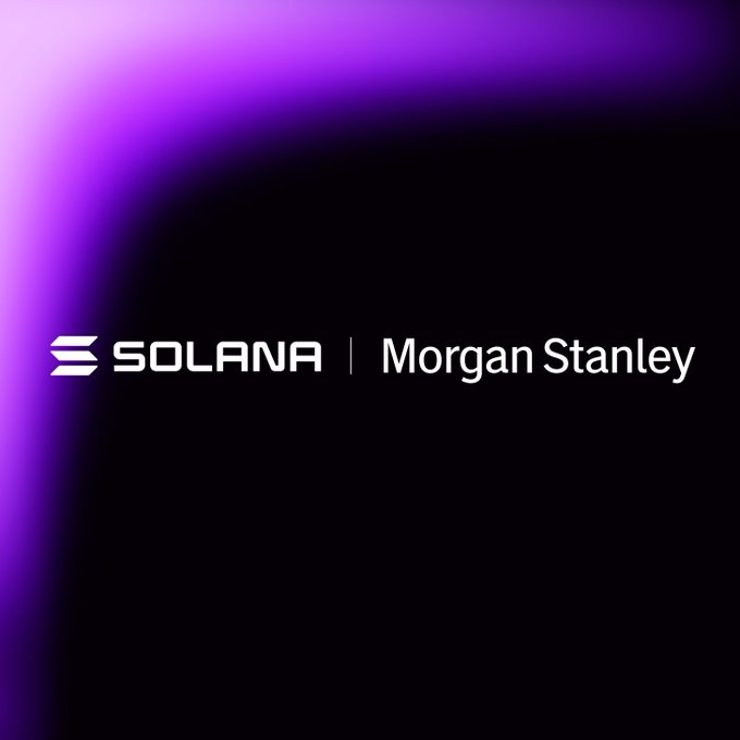 A dark promotional graphic with purple lighting displaying the text "SOLANA | Morgan Stanley" against a black background.