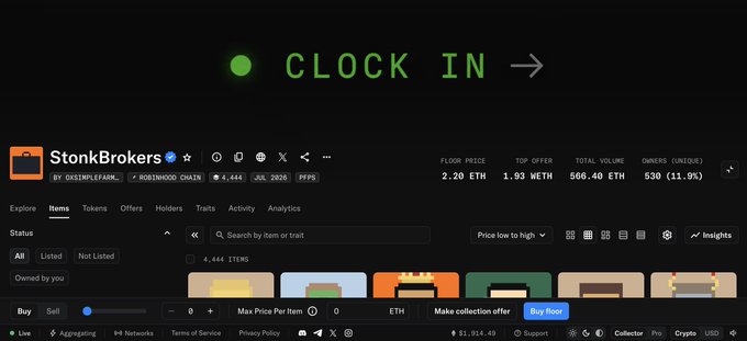 Screenshot of the StonkBrokers NFT collection page on OpenSea, showing a floor price of 2.20 ETH and a top offer of 1.93 ETH, with a 'CLOCK IN' logo at the top.