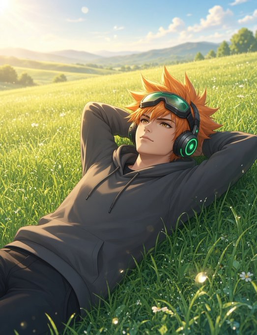 An anime-style character with spiky orange hair and green-lit goggles rests peacefully in a sunlit meadow, embodying the calm, utility-focused vibe of the post about $RIVER quietly advancing chain abstraction from DeFi to real-world use.