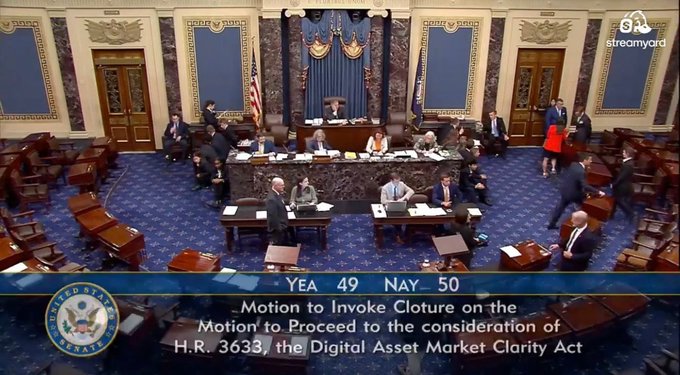 A view of the U.S. Senate floor shows a vote tally reading 'YEA 49 NAY 50' for the 'Motion to Invoke Cloture on the Motion to Proceed to the consideration of H.R. 3633, the Digital Asset Market Clarity Act'.