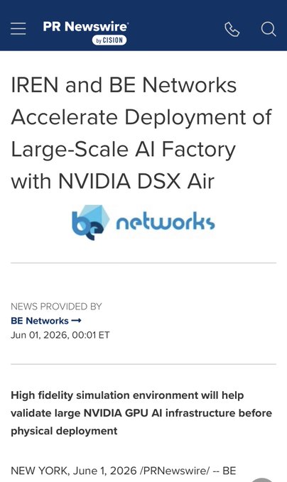 The image features a cell phone screen displaying breaking news about networks, including an article discussing the accelerated deployment of large-scale AI factory with Nvidia DSPX Air for companies like IREN and BRIN. Some of the specific details from this story include: "IREN and BRIN accelerate deployment of large-scale AI factory". The text in the image is a summary or headline of what has been published, without any accompanying visual elements such as graphics or diagrams.
